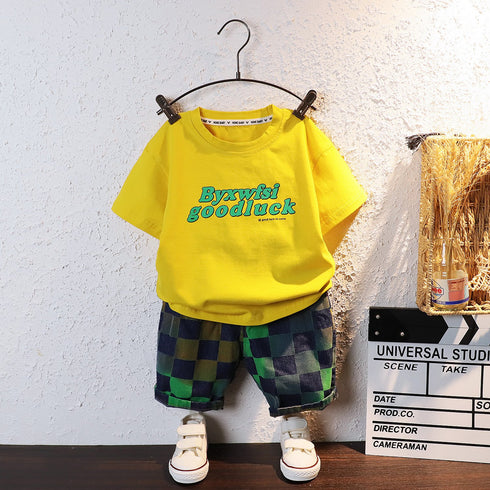 Cartoon letters round neck short sleeved suit boys' casual shorts two-piece set